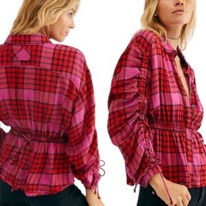 Free People Red and Pink Plaid Button Down Shirt